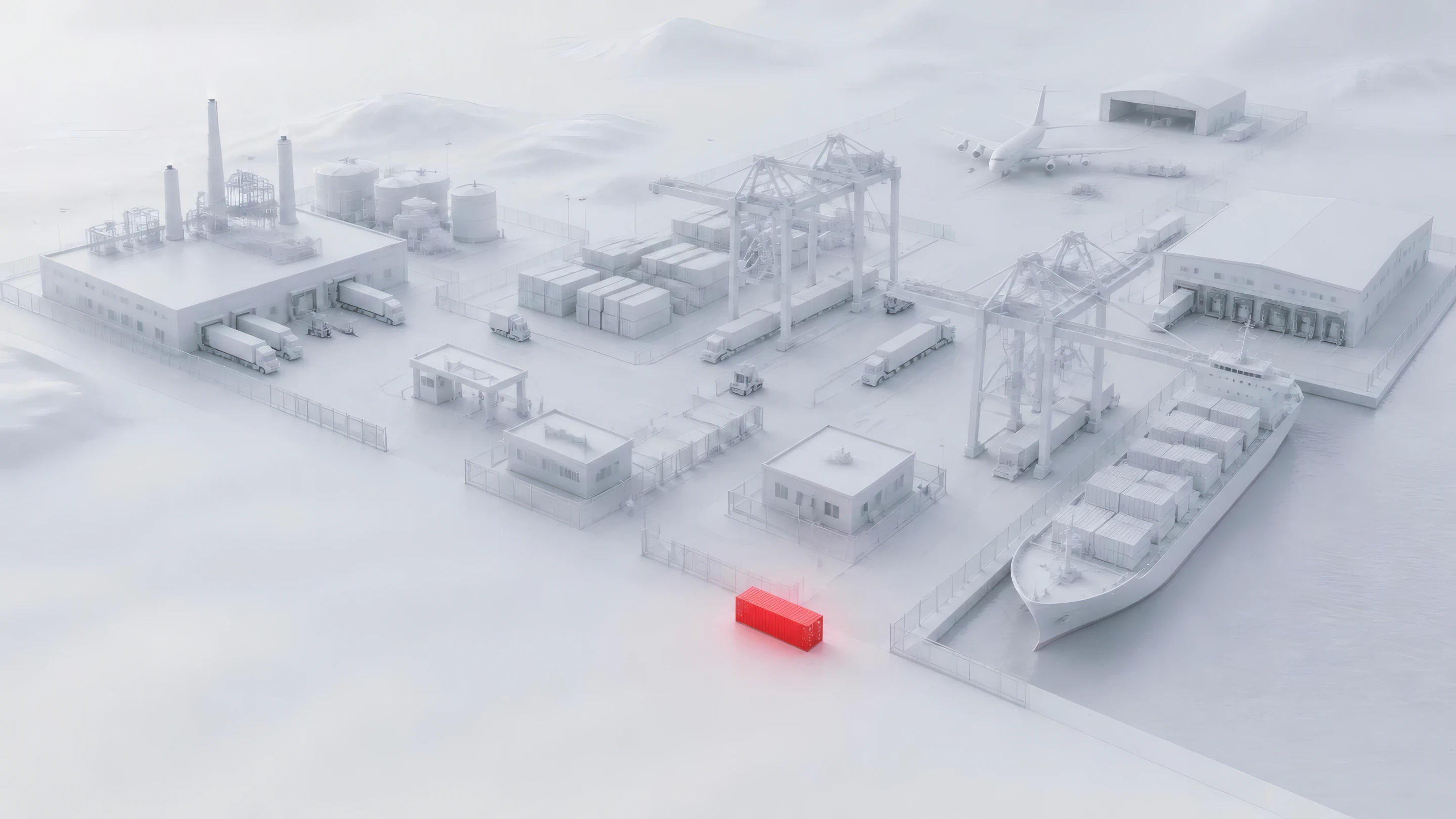 Isometric model of a trade hub, from exporter factory and container terminal to customs, a lab, a docked ship, a cargo plane and an importer warehouse, with one container glowing red